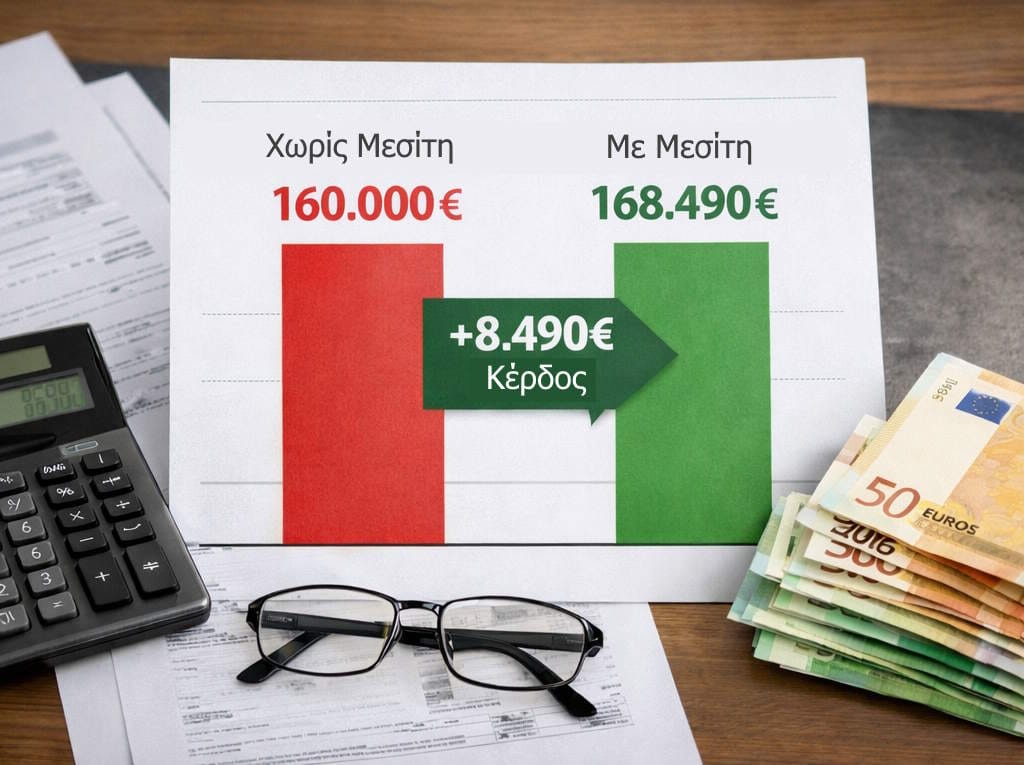 Σύγκριση πώλησης ακινήτου χωρίς μεσίτη και με μεσίτη με κέρδος 8.490 ευρώ